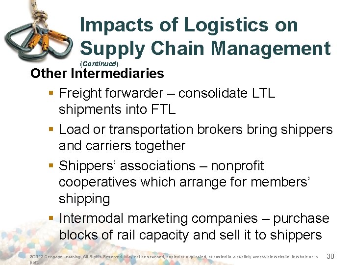 Impacts of Logistics on Supply Chain Management (Continued) Other Intermediaries § Freight forwarder –