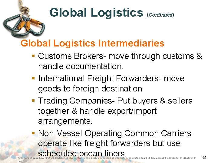 Global Logistics (Continued) Global Logistics Intermediaries § Customs Brokers- move through customs & handle
