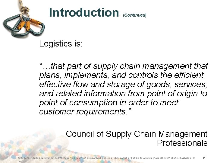 Introduction (Continued) Logistics is: “…that part of supply chain management that plans, implements, and