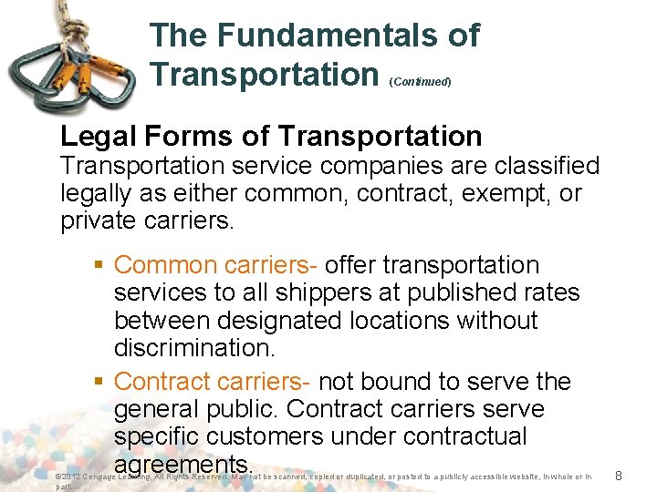 The Fundamentals of Transportation (Continued) Legal Forms of Transportation service companies are classified legally