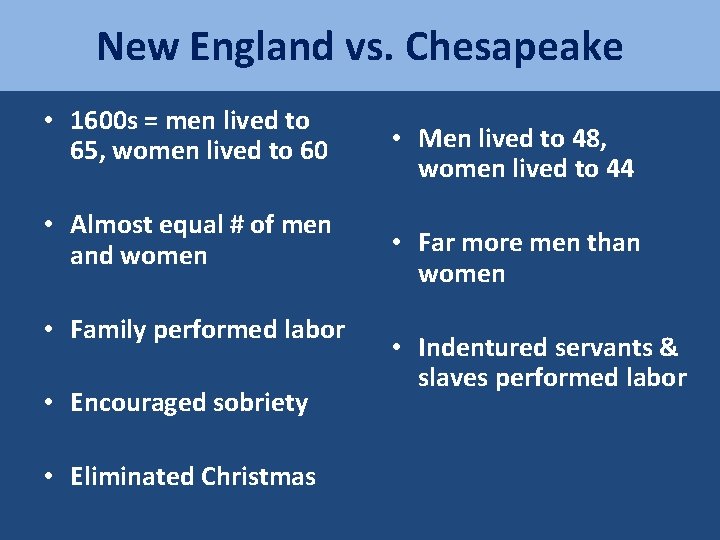 New England vs. Chesapeake • 1600 s = men lived to 65, women lived