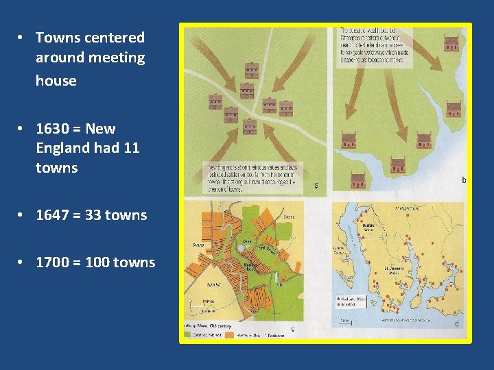  • Towns centered around meeting house • 1630 = New England had 11