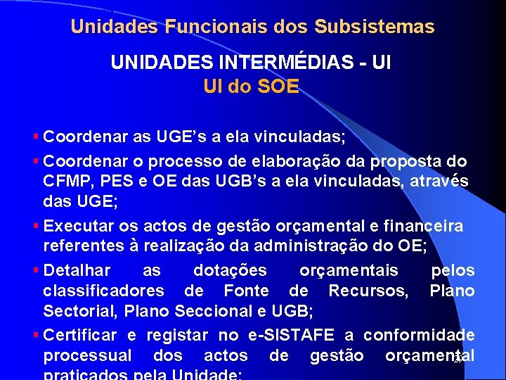SISTAFE Unidades Funcionais dos Subsistemas UNIDADES INTERMÉDIAS - UI UI do SOE § Coordenar SISTAFE Unidades Funcionais dos Subsistemas UNIDADES INTERMÉDIAS - UI UI do SOE § Coordenar