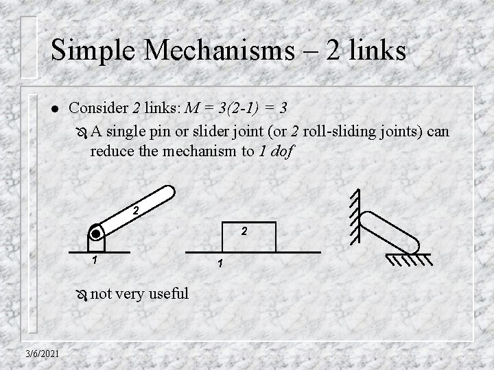 Simple Mechanisms – 2 links l Consider 2 links: M = 3(2 -1) =