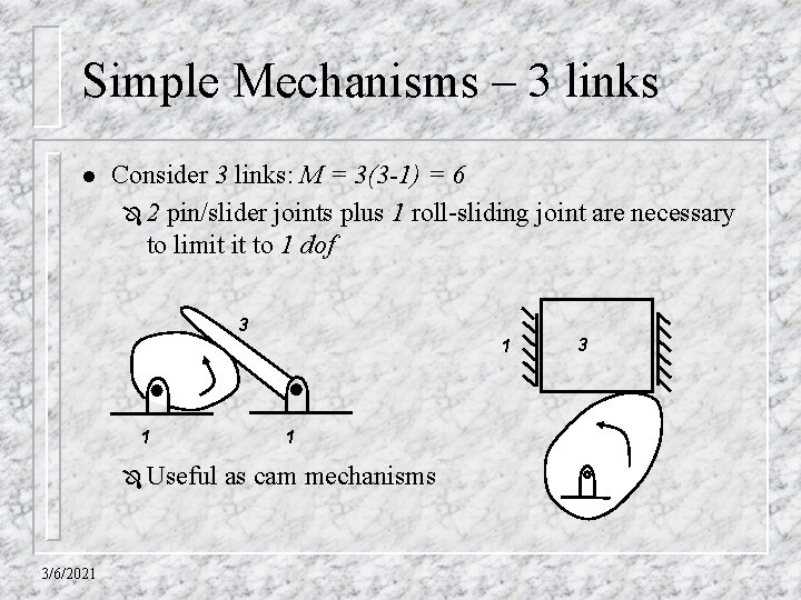 Simple Mechanisms – 3 links l Consider 3 links: M = 3(3 -1) =
