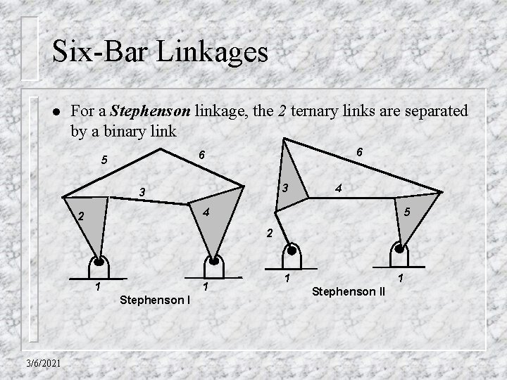 Six-Bar Linkages l For a Stephenson linkage, the 2 ternary links are separated by