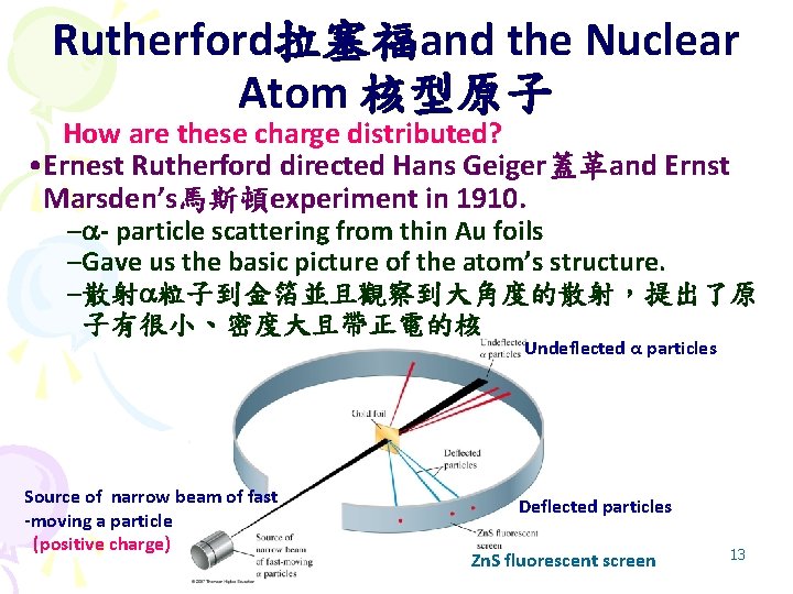 Rutherford拉塞福and the Nuclear Atom 核型原子 How are these charge distributed? • Ernest Rutherford directed