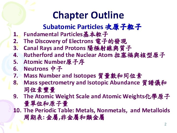 Chapter Outline 1. 2. 3. 4. 5. 6. 7. 8. Subatomic Particles 次原子粒子 Fundamental