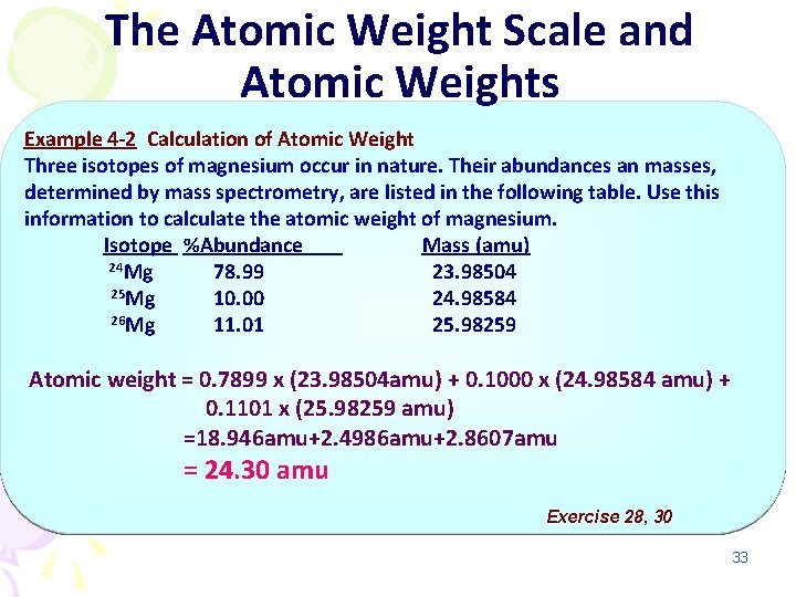 The Atomic Weight Scale and Atomic Weights Example 4 -2 Calculation of Atomic Weight
