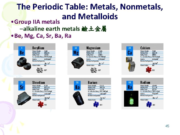 The Periodic Table: Metals, Nonmetals, and Metalloids • Group IIA metals –alkaline earth metals