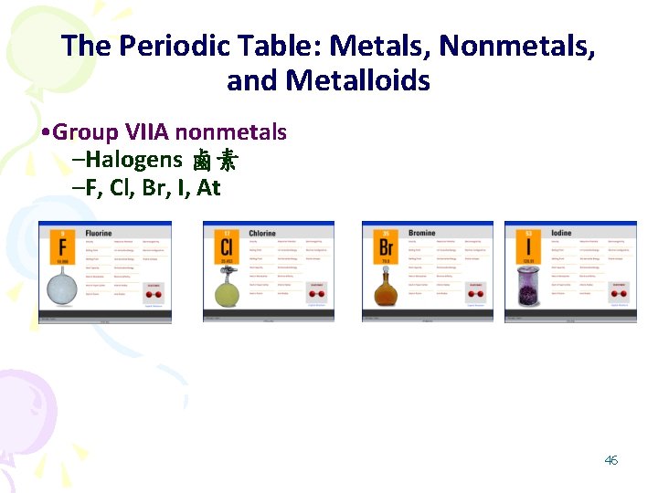 The Periodic Table: Metals, Nonmetals, and Metalloids • Group VIIA nonmetals –Halogens 鹵素 –F,