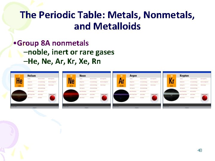 The Periodic Table: Metals, Nonmetals, and Metalloids • Group 8 A nonmetals –noble, inert