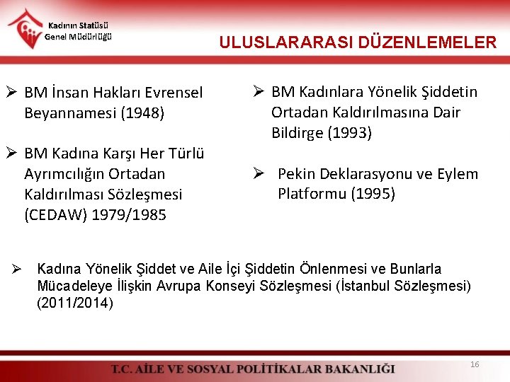 Kadının Statüsü Genel Müdürlüğü Ø BM İnsan Hakları Evrensel Beyannamesi (1948) Ø BM Kadına