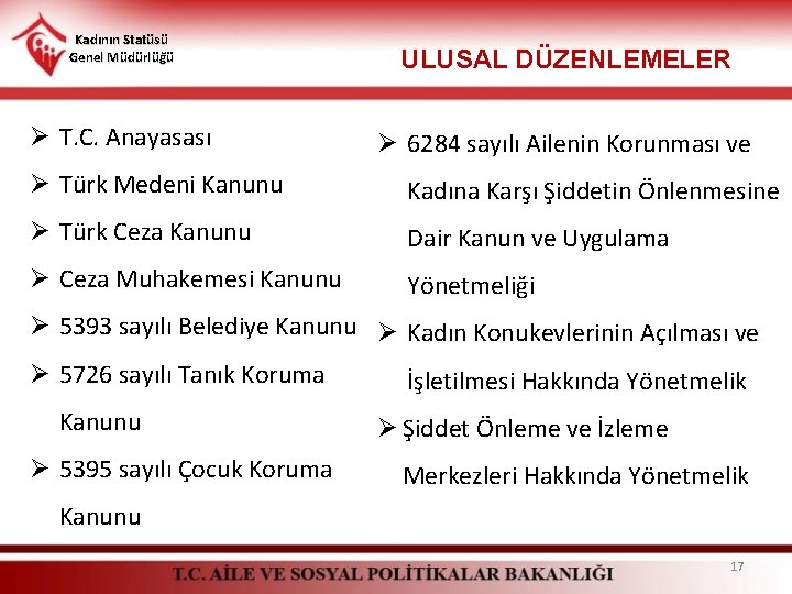 Kadının Statüsü Genel Müdürlüğü Ø T. C. Anayasası ULUSAL DÜZENLEMELER Ø 6284 sayılı Ailenin