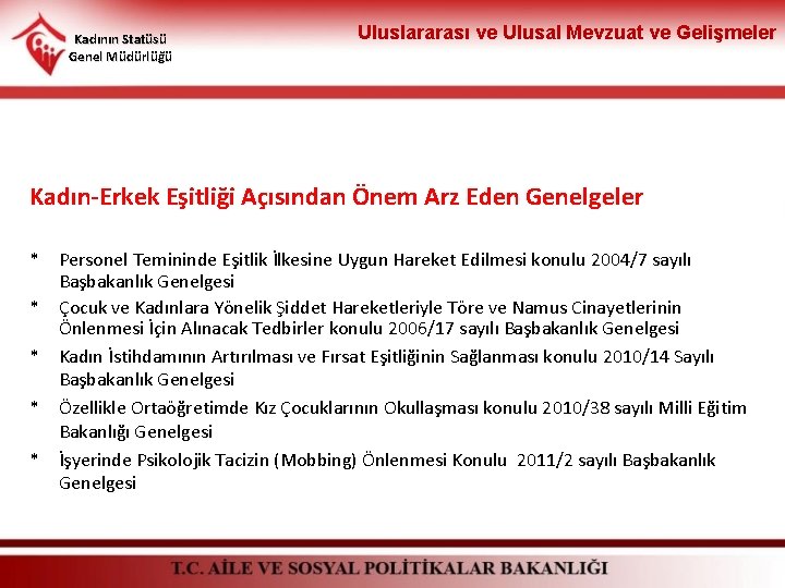 Kadının Statüsü Genel Müdürlüğü Uluslararası ve Ulusal Mevzuat ve Gelişmeler Kadın-Erkek Eşitliği Açısından Önem