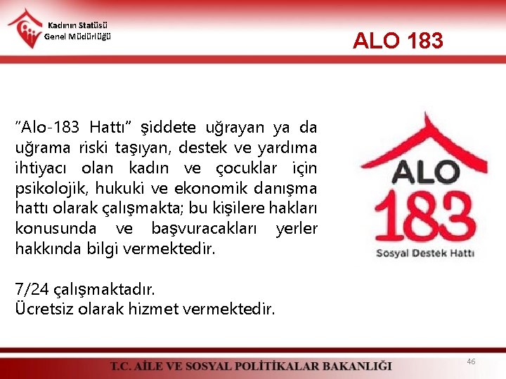 Kadının Statüsü Genel Müdürlüğü ALO 183 “Alo-183 Hattı” şiddete uğrayan ya da uğrama riski
