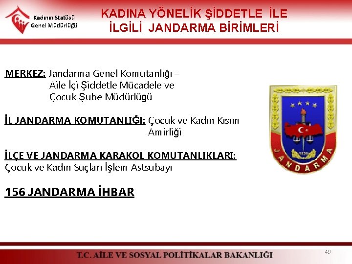 Kadının Statüsü Genel Müdürlüğü KADINA YÖNELİK ŞİDDETLE İLGİLİ JANDARMA BİRİMLERİ MERKEZ: Jandarma Genel Komutanlığı