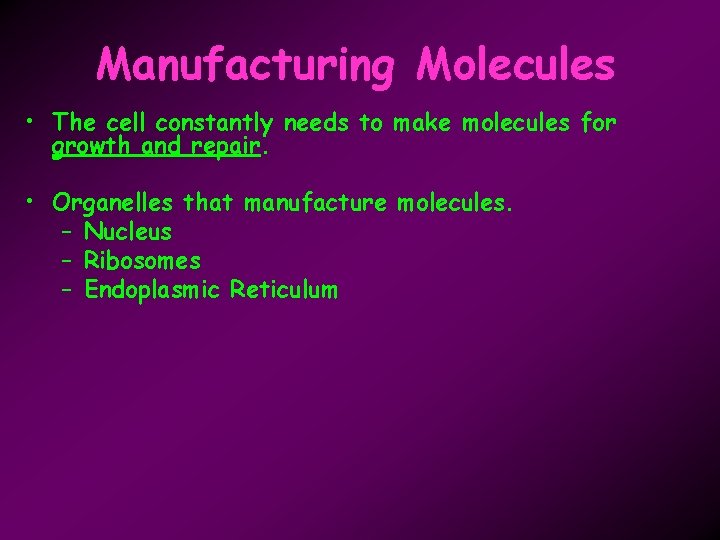 Manufacturing Molecules • The cell constantly needs to make molecules for growth and repair.