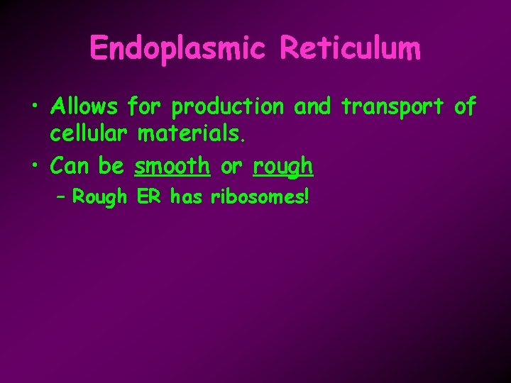 Endoplasmic Reticulum • Allows for production and transport of cellular materials. • Can be