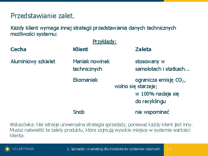 Przedstawianie zalet. Każdy klient wymaga innej strategii przedstawiania danych technicznych możliwości systemu: Przykłady: Cecha