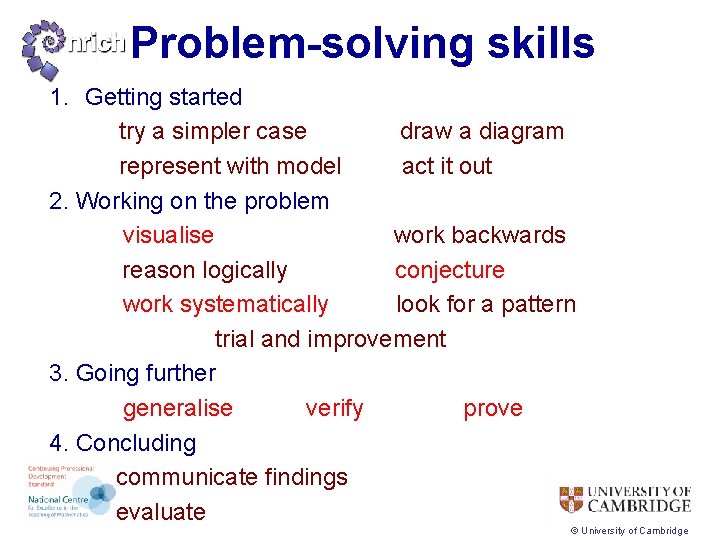 Problem-solving skills 1. Getting started try a simpler case draw a diagram represent with