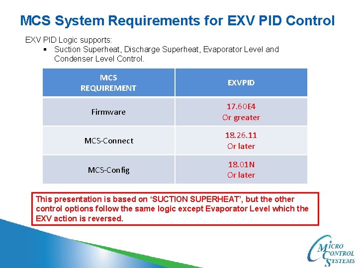 MCS System Requirements for EXV PID Control EXV PID Logic supports: § Suction Superheat,