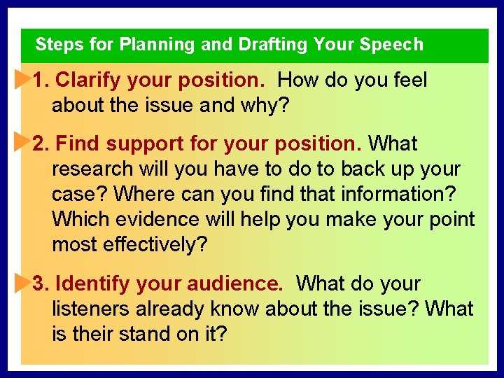 Steps for Planning and Drafting Your Speech 1. Clarify your position. How do you