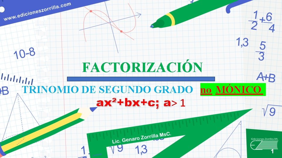 FACTORIZACIÓN TRINOMIO DE SEGUNDO GRADO no MÓNICO ax²+bx+c; a> 1 a 1 