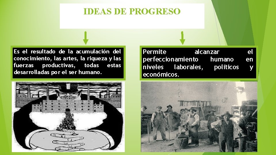 IDEAS DE PROGRESO Es el resultado de la acumulación del conocimiento, las artes, la