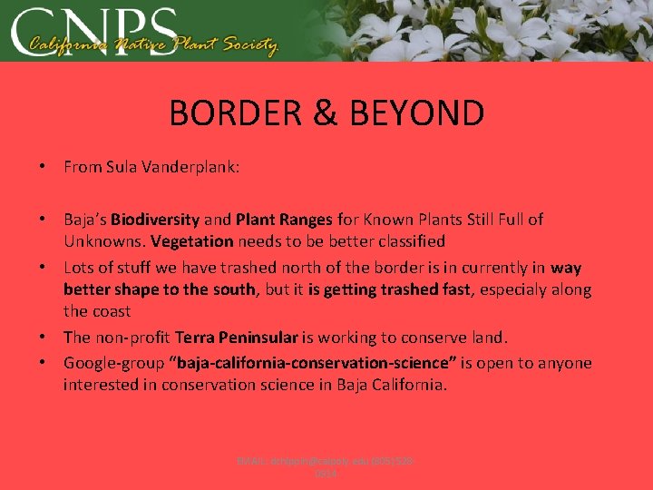 BORDER & BEYOND • From Sula Vanderplank: • Baja’s Biodiversity and Plant Ranges for