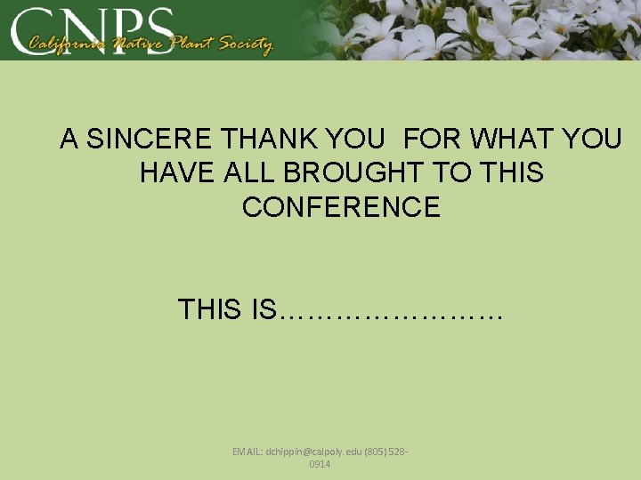 A SINCERE THANK YOU FOR WHAT YOU HAVE ALL BROUGHT TO THIS CONFERENCE THIS