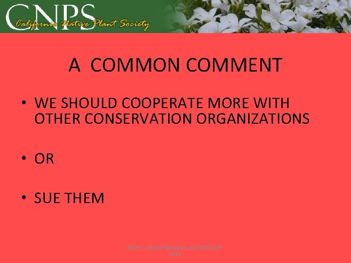 A COMMON COMMENT • WE SHOULD COOPERATE MORE WITH OTHER CONSERVATION ORGANIZATIONS • OR