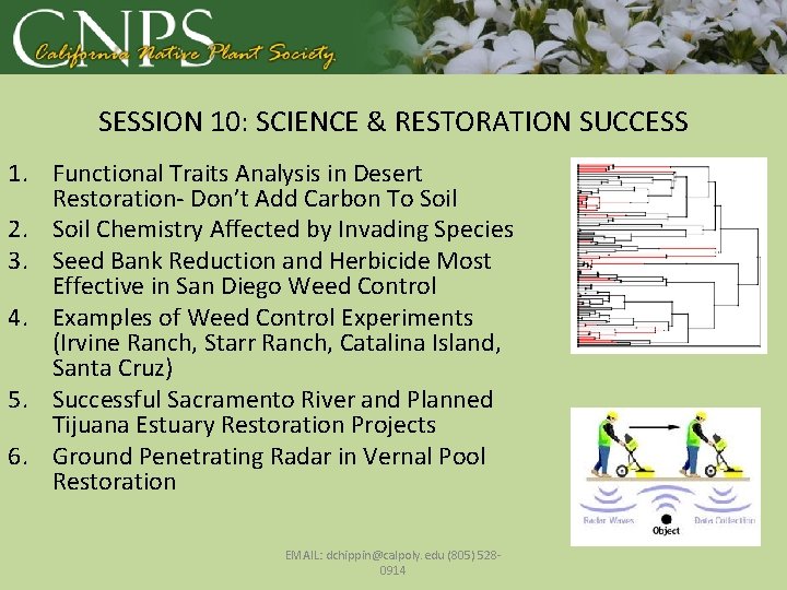 SESSION 10: SCIENCE & RESTORATION SUCCESS 1. Functional Traits Analysis in Desert Restoration- Don’t