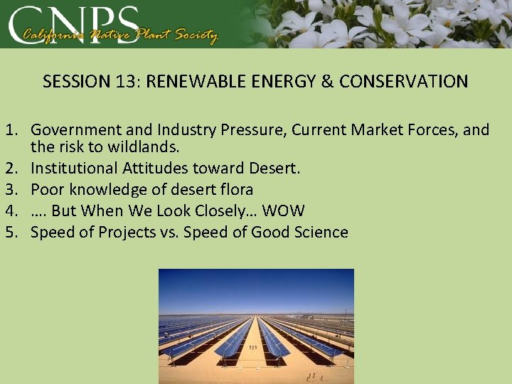 SESSION 13: RENEWABLE ENERGY & CONSERVATION 1. Government and Industry Pressure, Current Market Forces,