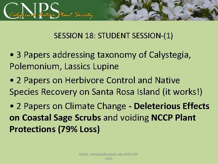 SESSION 18: STUDENT SESSION-(1) • 3 Papers addressing taxonomy of Calystegia, Polemonium, Lassics Lupine