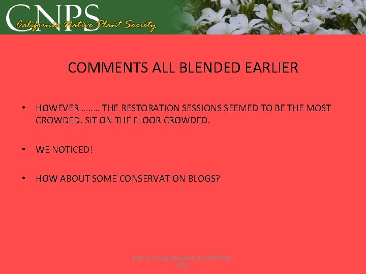 COMMENTS ALL BLENDED EARLIER • HOWEVER……… THE RESTORATION SESSIONS SEEMED TO BE THE MOST