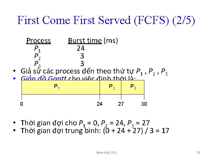 First Come First Served (FCFS) (2/5) Process Burst time (ms) P 1 24 P