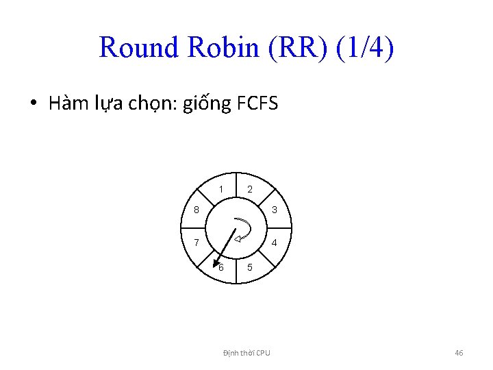 Round Robin (RR) (1/4) • Hàm lựa chọn: giống FCFS 1 2 8 3
