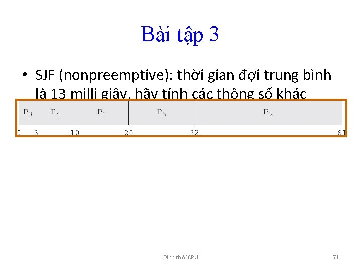 Bài tập 3 • SJF (nonpreemptive): thời gian đợi trung bình là 13 milli