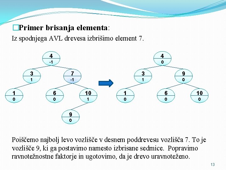 �Primer brisanja elementa: Iz spodnjega AVL drevesa izbrišimo element 7. 4 4 -1 0