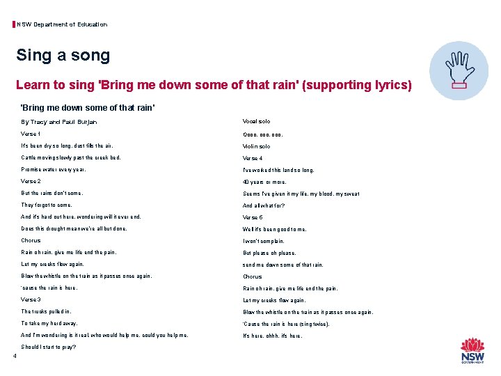 NSW Department of Education Sing a song Learn to sing 'Bring me down some NSW Department of Education Sing a song Learn to sing 'Bring me down some