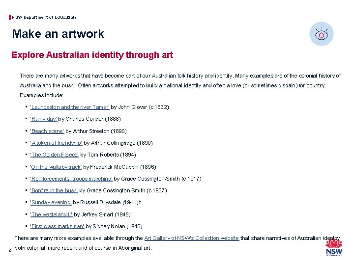 NSW Department of Education Make an artwork Explore Australian identity through art There are
