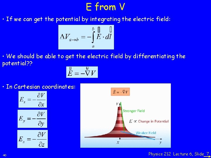 E from V • If we can get the potential by integrating the electric