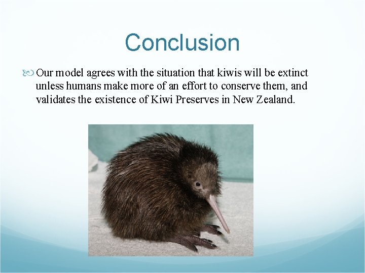 Conclusion Our model agrees with the situation that kiwis will be extinct unless humans