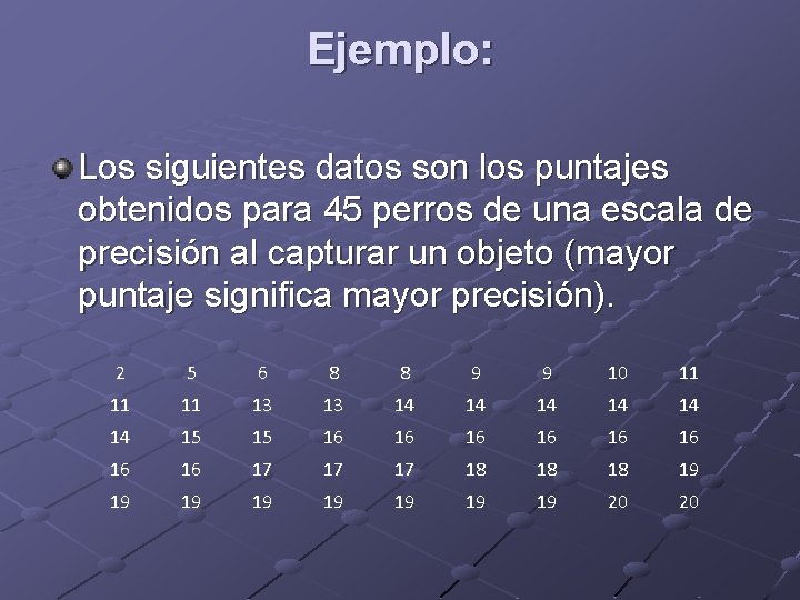 Ejemplo: Los siguientes datos son los puntajes obtenidos para 45 perros de una escala