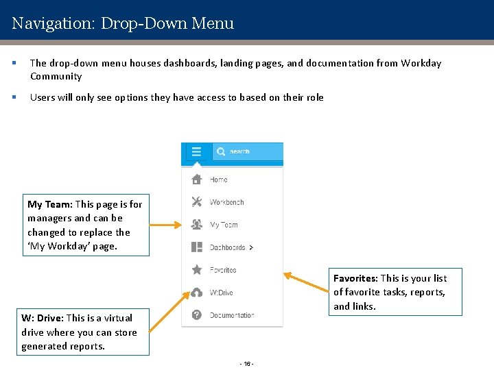 Navigation: Drop-Down Menu § The drop-down menu houses dashboards, landing pages, and documentation from Navigation: Drop-Down Menu § The drop-down menu houses dashboards, landing pages, and documentation from