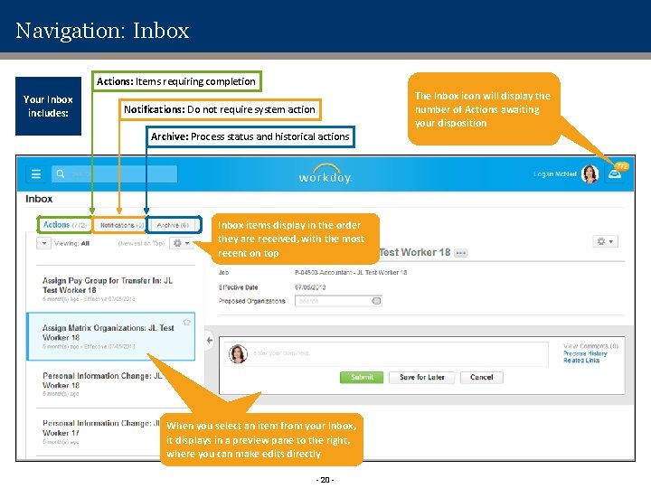 Navigation: Inbox Actions: Items requiring completion Your Inbox includes: The Inbox icon will display Navigation: Inbox Actions: Items requiring completion Your Inbox includes: The Inbox icon will display