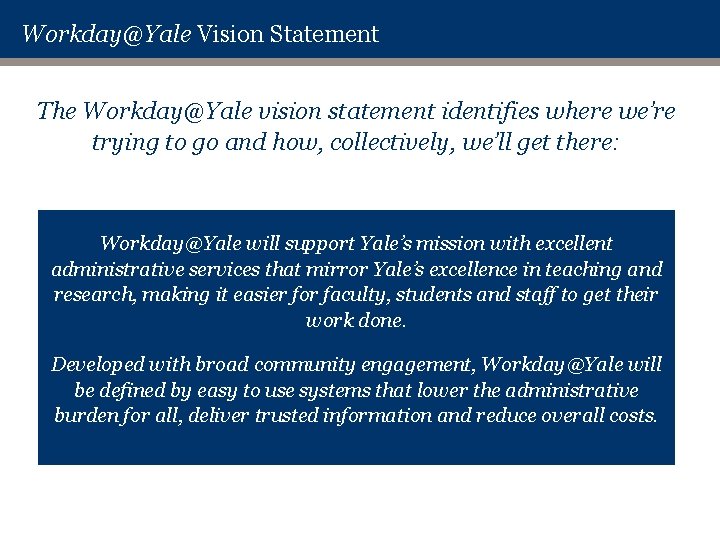 Workday@Yale Vision Statement The Workday@Yale vision statement identifies where we’re trying to go and Workday@Yale Vision Statement The Workday@Yale vision statement identifies where we’re trying to go and