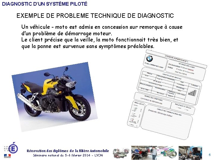 DIAGNOSTIC D’UN SYSTÈME PILOTÉ EXEMPLE DE PROBLEME TECHNIQUE DE DIAGNOSTIC Un véhicule - moto