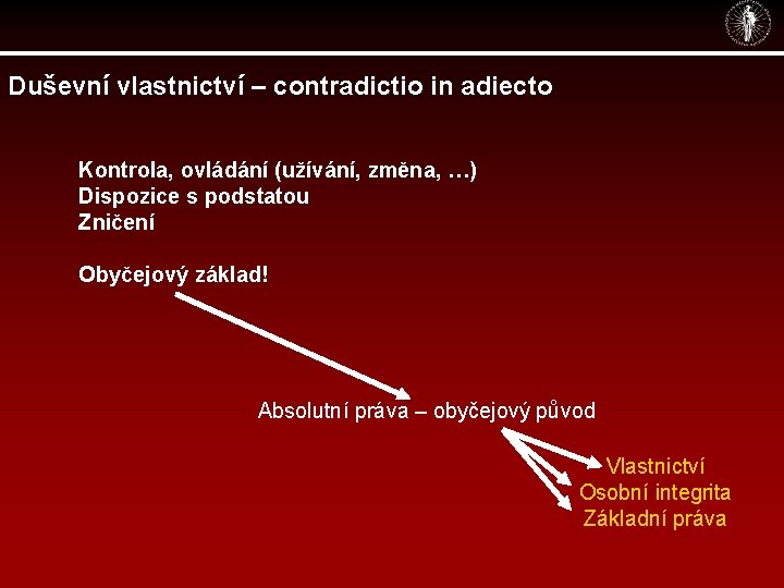 Duševní vlastnictví – contradictio in adiecto Kontrola, ovládání (užívání, změna, …) Dispozice s podstatou